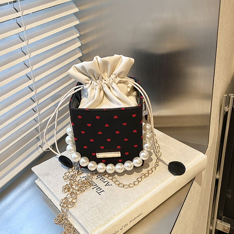 珍珠抽带小包包女2024新款潮韩版百搭斜挎包盒子链条时尚单肩包