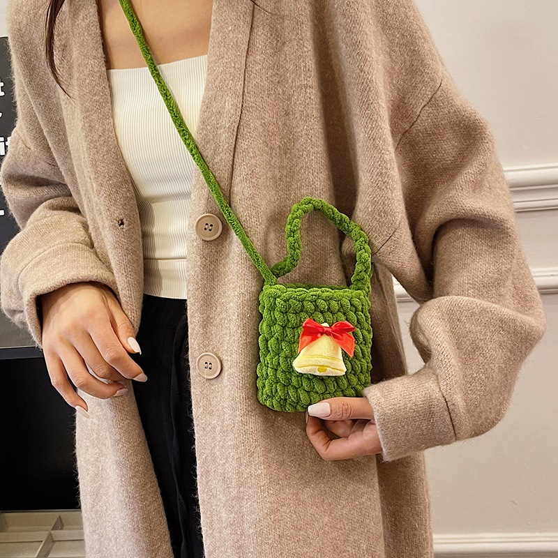 可爱圣诞老人小方包儿童斜挎包卡通毛线针织包女孩男孩宝宝单肩包