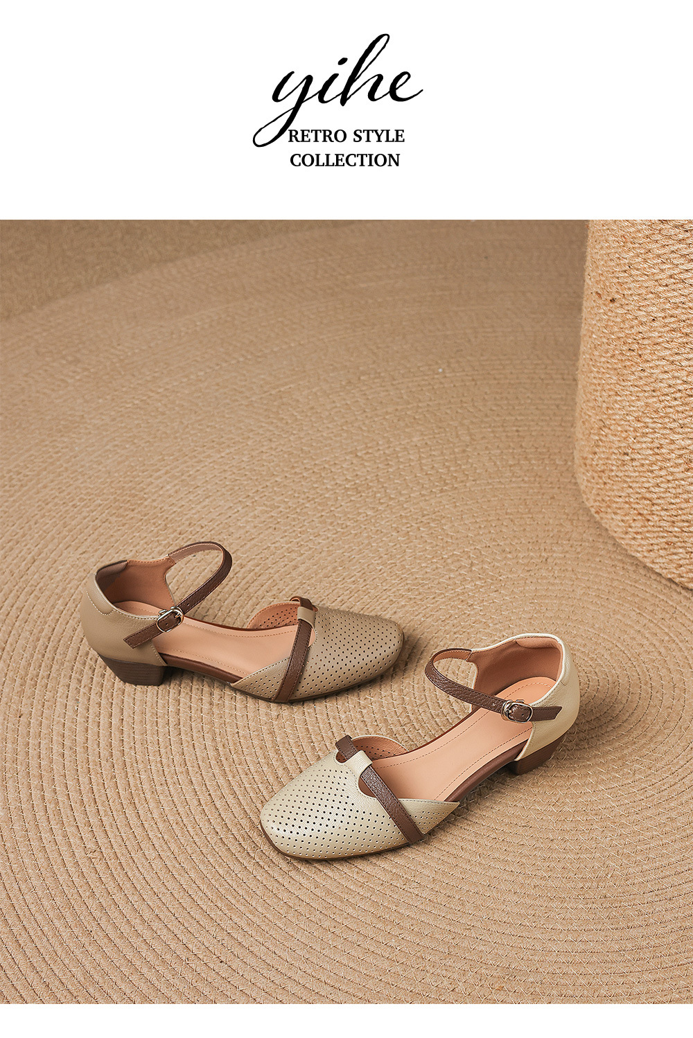 Sandal nữ da cừu mũi kín gót vuông quai ngang khóa một chữ — màu trắng ngà chi tiết 13