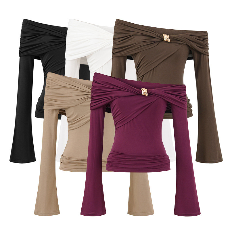 Cross-Border Women's Clothing Wholesale European and American Style 2025 Autum New Metal Twist Oblique Shoulder Pure Color Long-Sleeved Tops T-Shirts for Women
