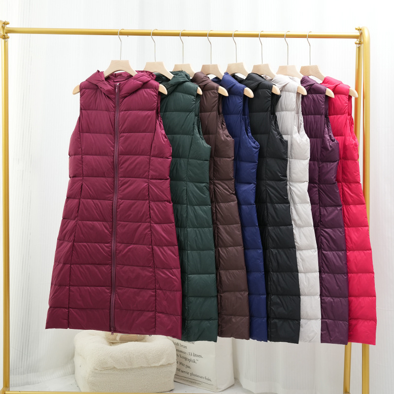 2023 autumn and winter new lightweight down vest women's extended over-the-knee Korean-style slim-fit fashion hooded vest