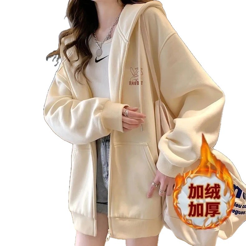 秋冬新款韩版女卫衣时尚大码连帽拉链加绒加厚学生上衣长袖外套潮 5