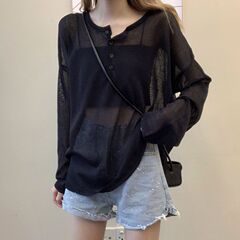 夏季薄款防晒衫女2025新款韩版长袖针织衫宽松大码外穿微透上衣潮