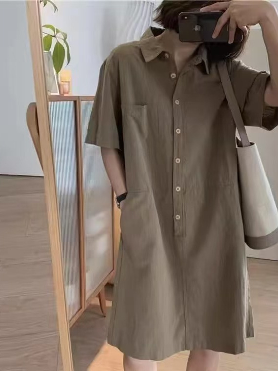 Đầm sơ mi suông tay ngắn thiết kế độc đáo dáng thẳng — màu xanh hải quân