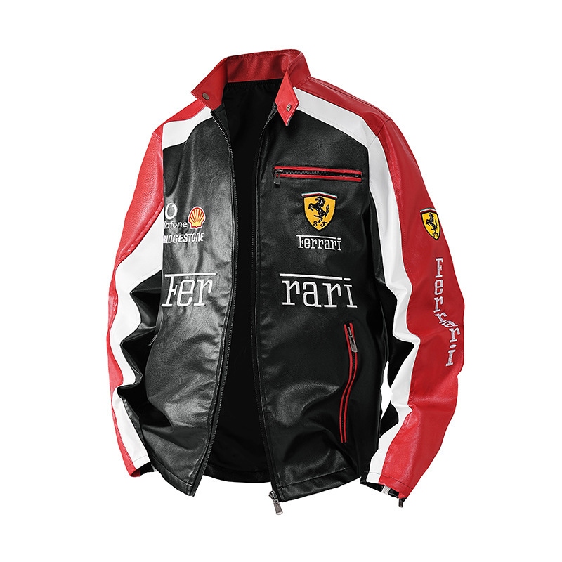 F1 Motorcycle Jacket Pu Leather Jacket Cross-Border Retro Autumn and Winter Unisex American Style Cycling Embroidered Racing Jacket