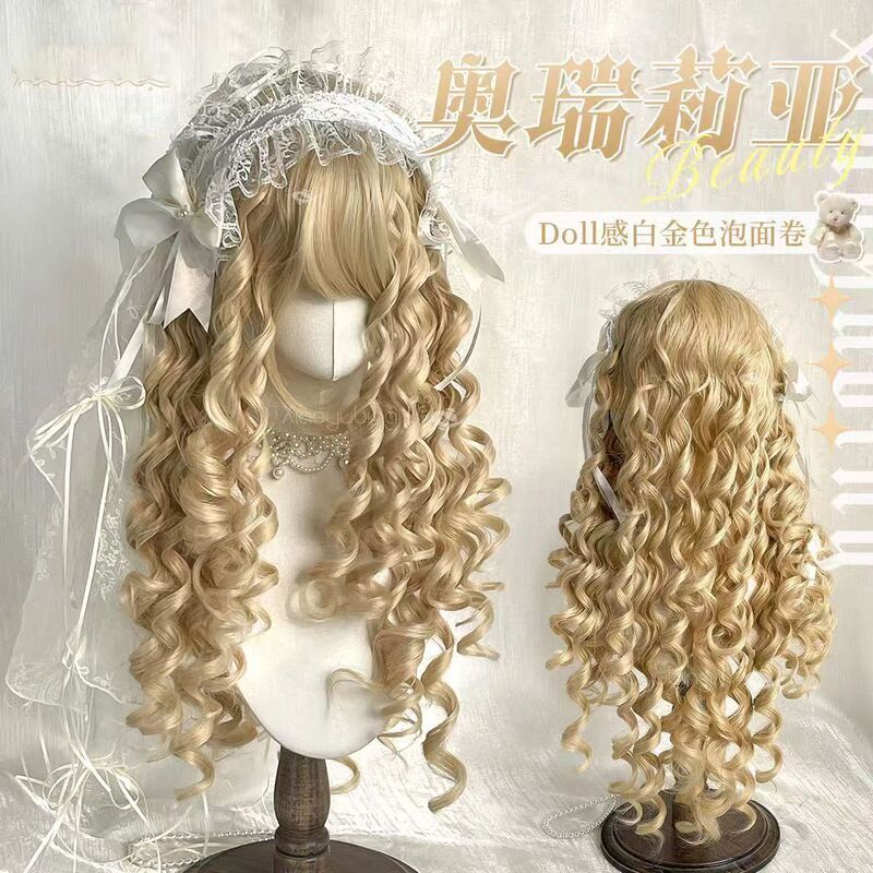 Autumn 85cm Wig for Women, Doll-Like Lolita Style, Platinum Blonde, Cute Instant Noodle Curls, Elegant Full Wig