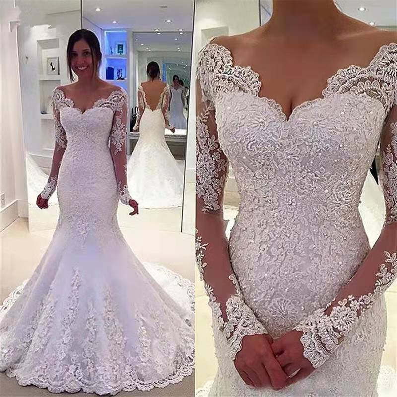 Comercio exterior europeo y americano Amazon AliExpress deseo elegante vestido de novia con cuello en V largo elegante simple manga larga vestido de novia cola de pescado
