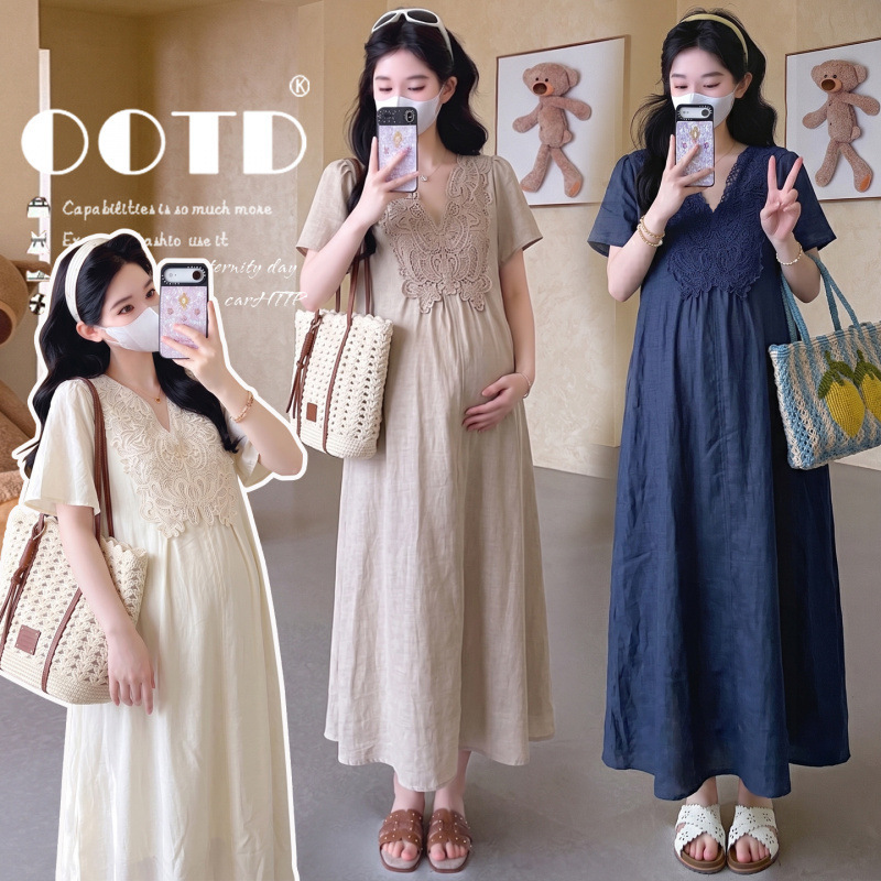 High-End Maternity Summer Dress, Trendy Mom's New Cotton and Linen V-Neck Lace Embroidered Beautiful Dress for Pregnancy, Summer
