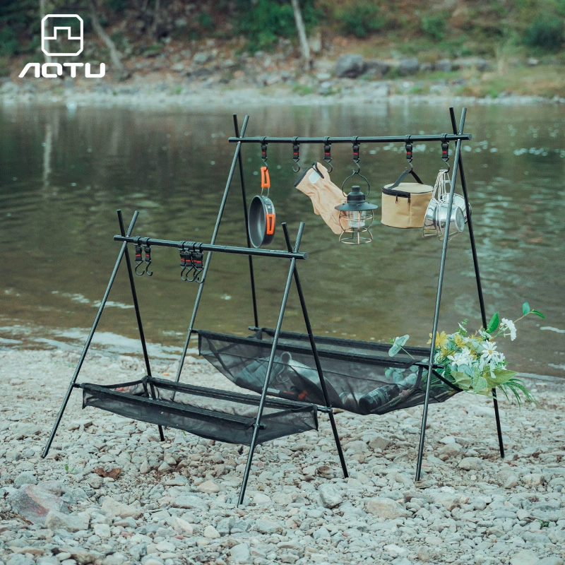 Складная стойка для хранения на открытом воздухе для кемпинга Крупногабаритная портативная стойка для хранения для кемпинга для самостоятельного вождения дома и пикника с сетчатым карманом