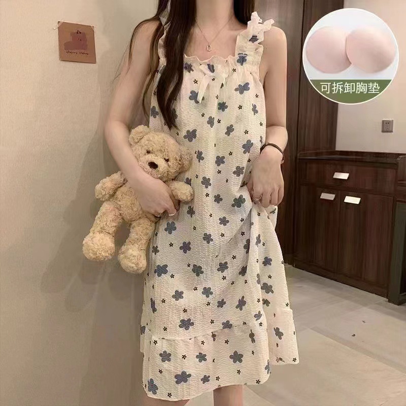 Verano nuevo pijama de algodón mujer burbuja arrugada lindos dibujos animados dulces flores literarias pijama casero al por mayor