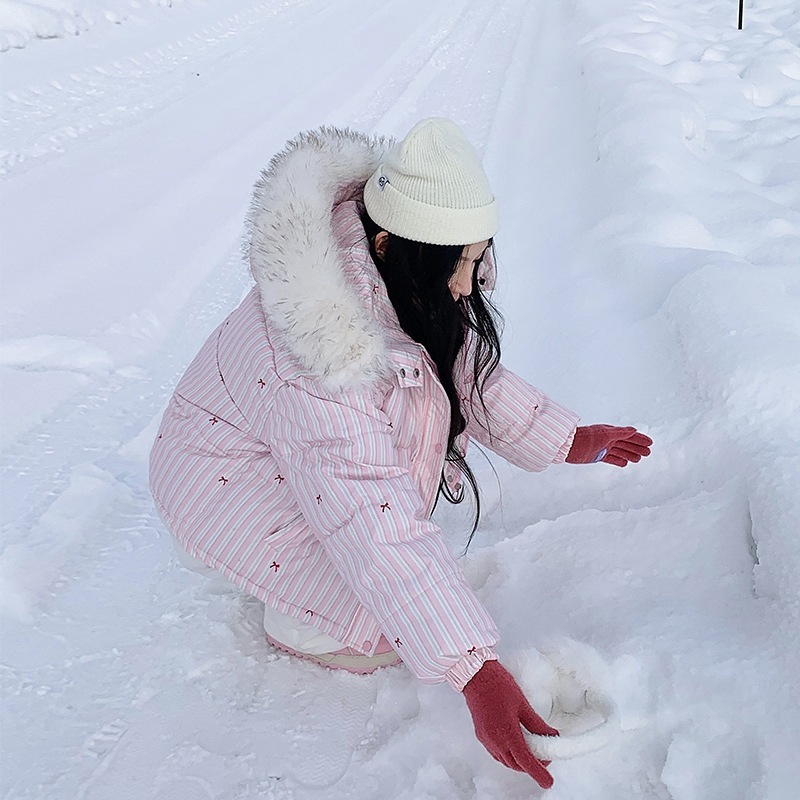 条纹印花加厚保暖棉服外套女2025春季新款韩系甜美毛毛翻领棉衣潮|undefined