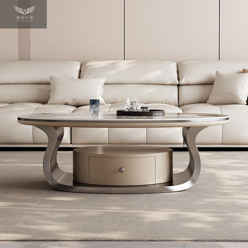 sala de estar hogar con tabla de té de fumar, tabla de té de tabla de roca ovalada de lujo ligera, combinación de gabinete de televisión, combinación de sala de estar de alta calidad
