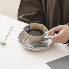 レトロ油絵波コーヒーカップ皿手描きラテカップセットオリジナルプレゼント陶磁器カップ窯変カップ