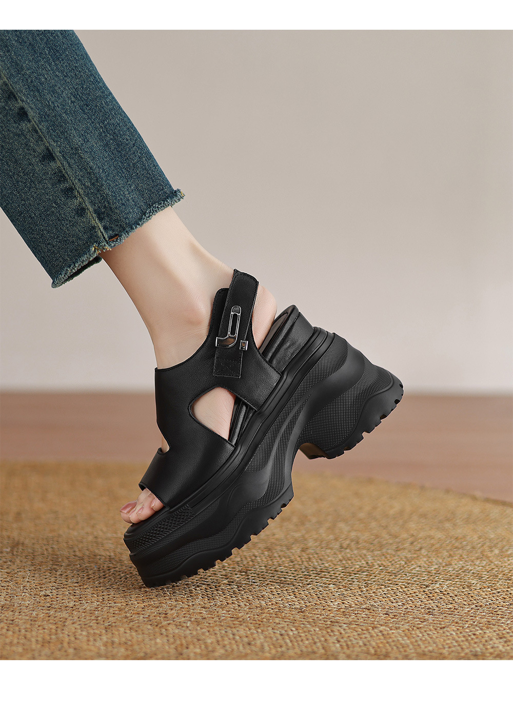 Sandal đế xuồng cao gót nữ phong cách La Mã, đế dày độn cao, gót siêu cao 9 cm — Màu đen, Màu trắng chi tiết 8