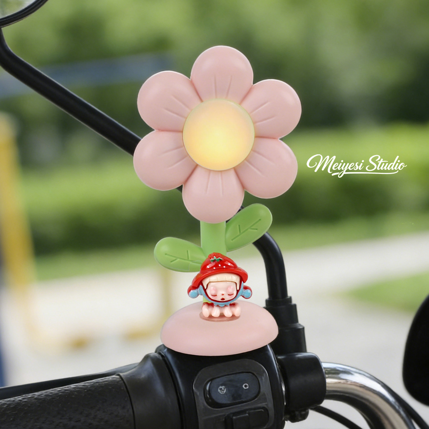 Flores de automóviles eléctricos adornos de luces lindos dibujos animados jefe perro coche de batería bicicleta de noche luces de advertencia accesorios de decoración