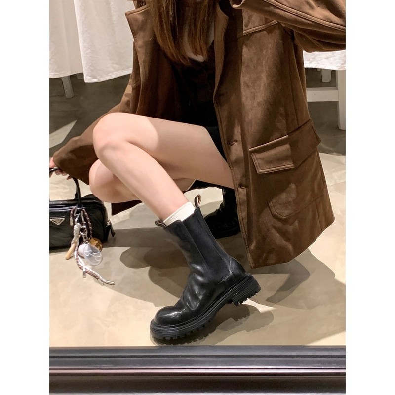 【葡萄妈】女团靴~水洗马纹褶皱厚底切尔西弹力马丁短靴女烟筒靴|undefined