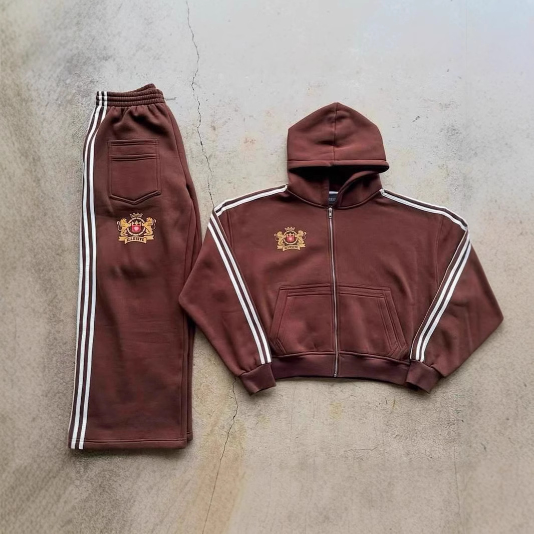 "Oversized-Streifen-Hoodie-Set - Unisex-Winterpullover mit überschnittenen Schultern und passender Hose, Streetwear-Loungewear (Schwarz/Grau/Pink/Kastanienbraun, S-XL)"_voghion.com
