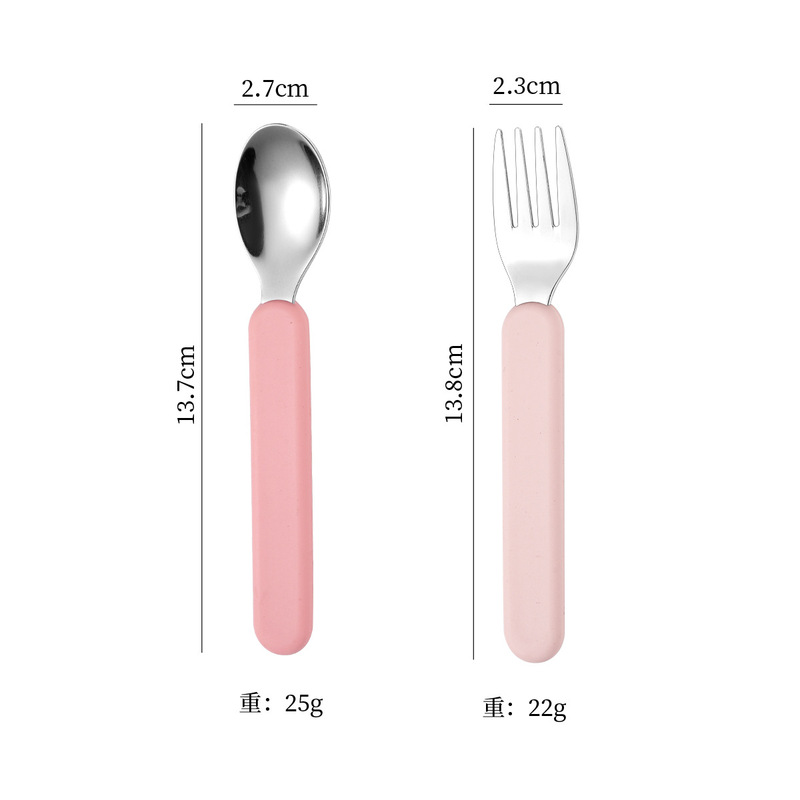 跨境硅胶手柄扁柄儿童不锈钢餐具勺子叉子撞色勺叉宝宝吃饭辅食勺|undefined