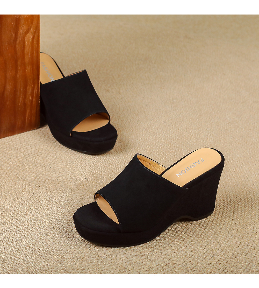 Sandal cao gót nữ đế xuồng 9cm quai ngang hở mũi chất liệu da lộn — màu đen, màu mơ chi tiết 16