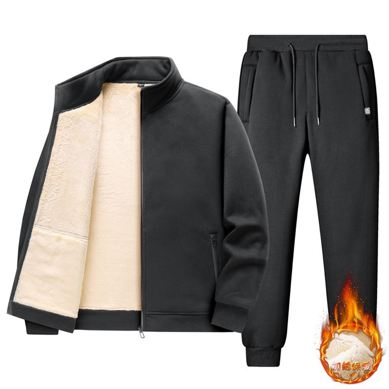 001 Fleece-Lined Thickened Lamb Wool Sports Suit For Men, Casual Stand Collar Sweatshirt, Running Nine-Point Long Pants,_voghion.com