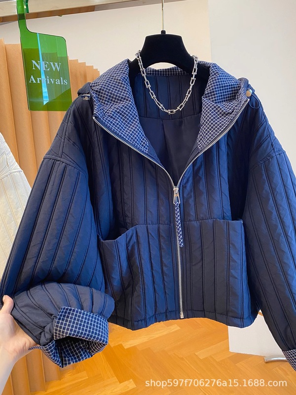 2025秋冬新款欧货百搭棉服女设计感格子拼接气质外套休闲宽松上衣|undefined