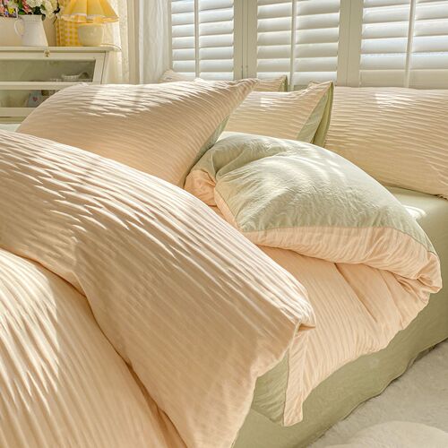 Nordic style seersucker washed cotton solid color four-piece fitted sheet quilt cover dormitory three-piece bedding set wholesale