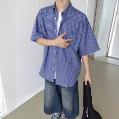 2024夏のアメリカのレトロでゆるい青い格子半袖シャツ男女カジュアルな刺繍シャツのコート