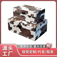 高级感奶牛纹皮革首饰盒极简黑扣仿马毛收纳盒轻奢软装装饰摆件