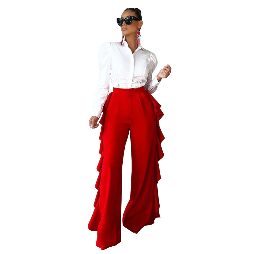 Women's Ruffled High-Waisted Wide Leg Pants Casual Formal High Waist Trousers For Spring Autumn Summer Regular Fit Polyester_ecoleips.com