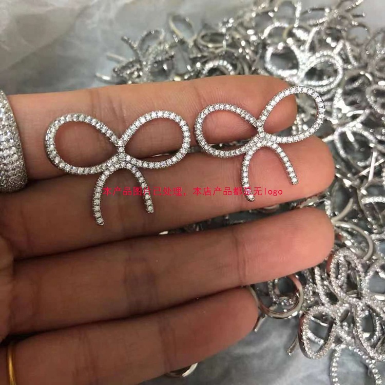 韩版新款微镶满钻耳钉 T家蝴蝶结耳钉 女耳环 直播款饰品耳环白色