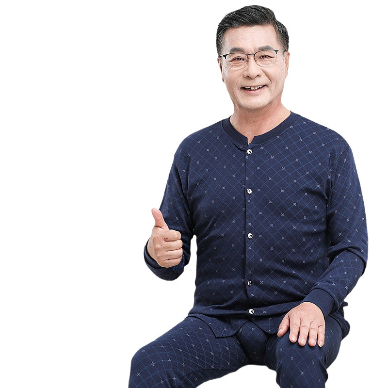 노인 가을 옷과 긴 바지 세트 새로운 남성 카디건 더블 브레스트 코튼 스웨터 바지 얇은 섹션 중년 및 노인 열 속옷 겨울