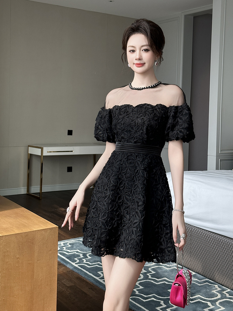 Váy ren chữ A thắt eo phối lưới xuyên thấu — Màu đen