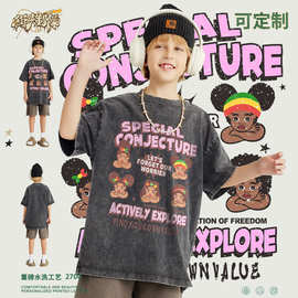 街头制燥ins潮牌童装男宝上衣夏大童纯棉卡通印花圆领短袖中大童
