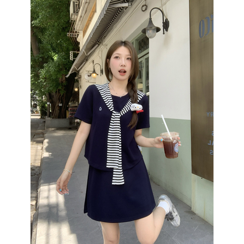 2025 夏の新スタイルファット mm プラスサイズの女性のファッション韓国ストライプショールカジュアル半袖スカートスーツ|undefined
