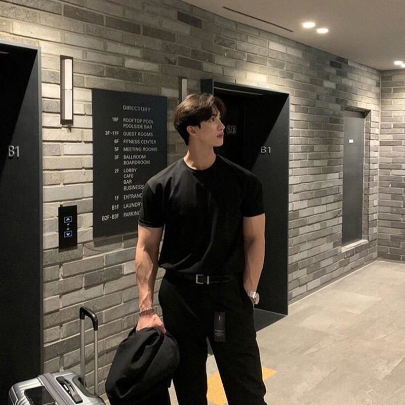 Black Shoulder Cuff T-shirt Summer Mature and Steady Men's Cotton Inner Short Sleeve Muscle Fitness Half Sleeve