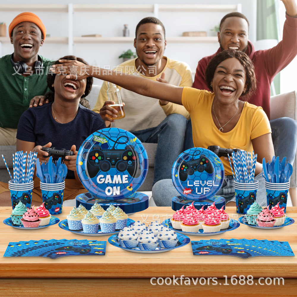 Nuevos juegos azules con tema de decoración de fiesta para niños cartón de cumpleaños tazas de papel con bandera de globo conjunto de decoración