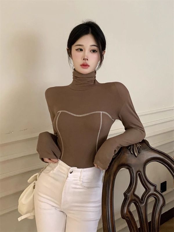 纯欲高领设计感薄绒百搭长袖T恤女秋季辣妹显瘦短款打底衫上衣ins|undefined
