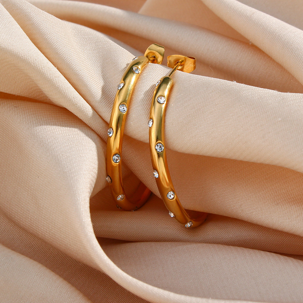 Fashion Stainless Steel Plated 18K Gold Oversized Zircon Inlaid Earrings