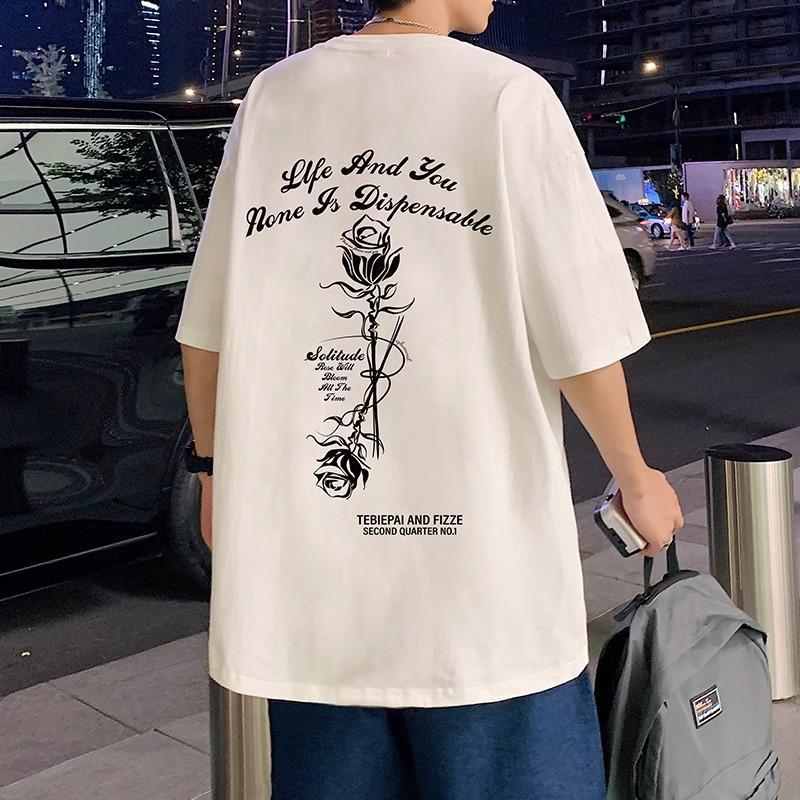 Pure cotton 220g compact siro spinning American retro rose short sleeve T-shirt men's summer loose casual T-shirt