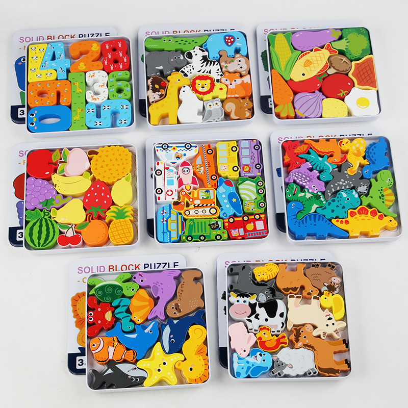 Jardín de infantes transfronterizo puzzle juguetes de educación temprana puzzle niños animales digitales caja de hierro puzzle tridimensional mano agarrar bloques de construcción
