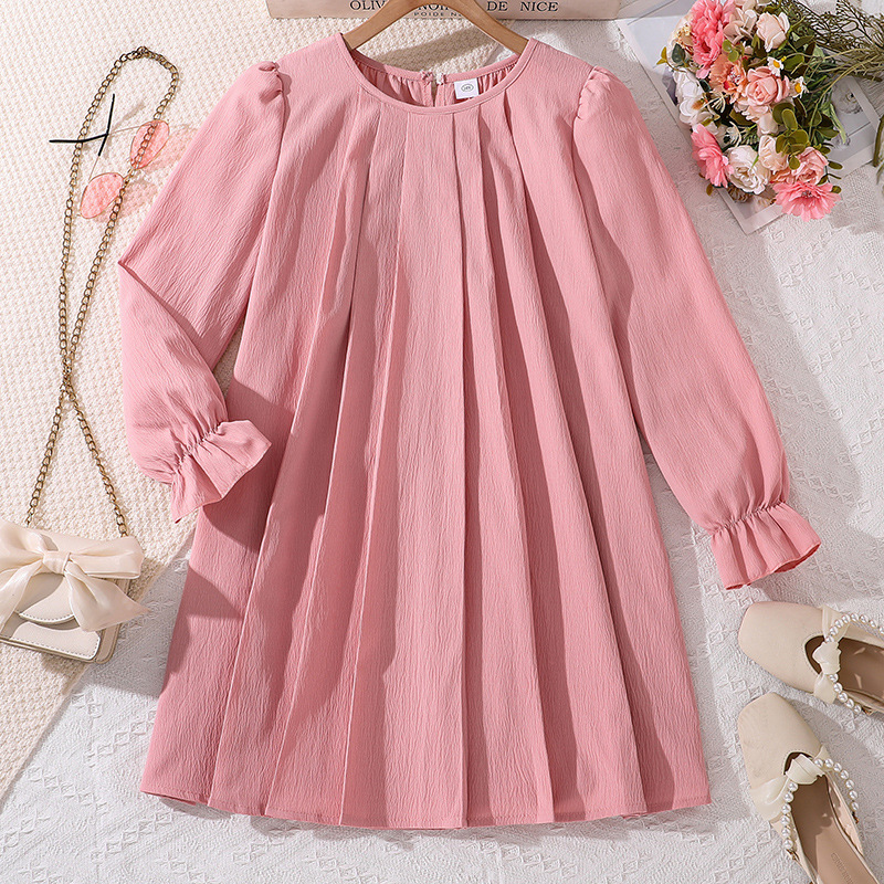 Mädchen Plissiertes Langarmkleid Für Den Herbst Bequemer Stil_voghion.com