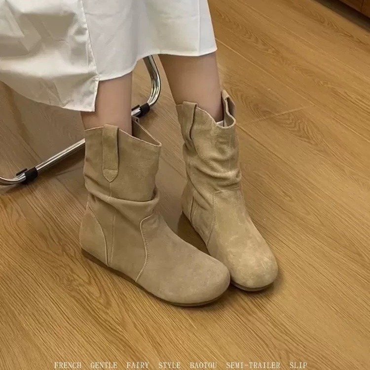 牛皮版~内增高复古短靴女2025秋冬西部马丁靴圆头短筒勃肯堆堆靴|undefined