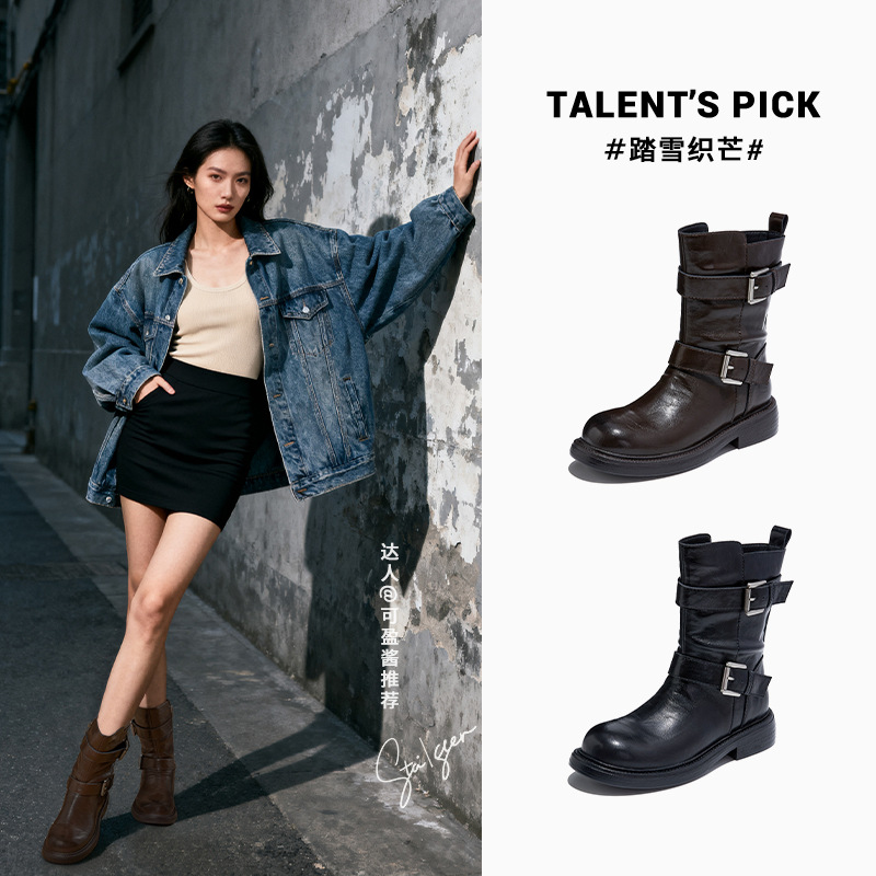 Genuine Leather Retro Boots for Women 2025 Winter New British Style One-Line Buckle Slim Boots Versatile Foreign Style Short Boots