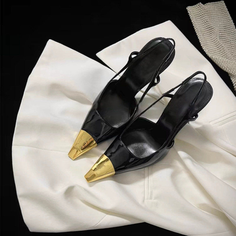 High-heeled shoes women's gold iron toe socialite patent leather black women's shoes stiletto heel sexy small square toe covered sandals catwalk High-heeled shoes women's gold iron toe socialite patent leather black women's shoes stiletto heel sexy small square toe covered sandals catwalk