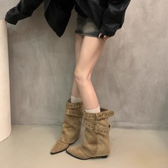 2025年秋冬新款女鞋复古短靴女皮带扣尖头甜酷风套筒裤管靴潮流