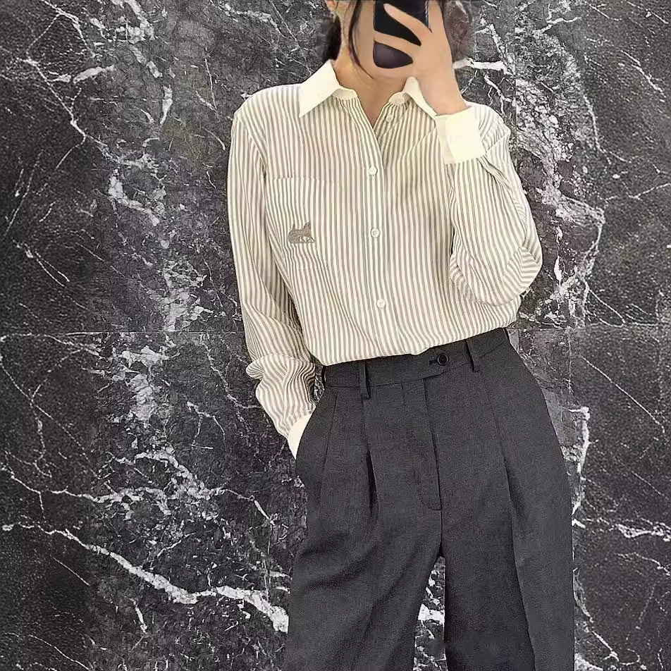 Новая винтажная полосатая рубашка с отложным воротником в стиле Haute Couture, осенне-зимняя, свободного кроя, стройнящая фигуру, для женщин
