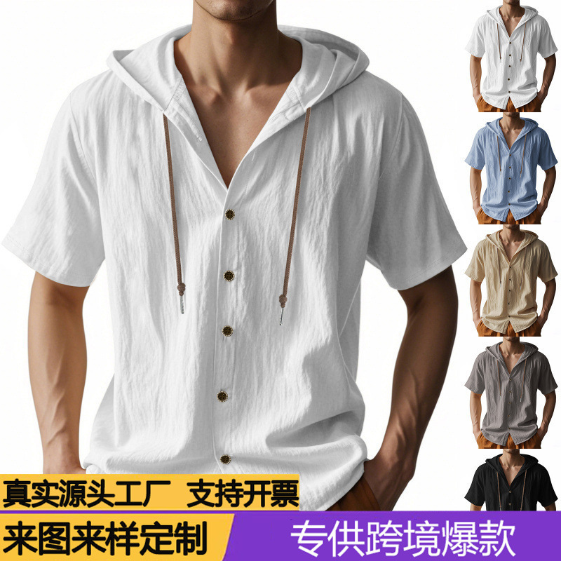 Cross-Border Tk Amazon American-Style Summer Thin Breathable Linen Amekaji Loose Hooded Men's Short-Sleeve Shirt Cross-Border Tk Amazon American-Style Summer Thin Breathable Linen Amekaji Loose Hooded Men's Short-Sleeve Shirt