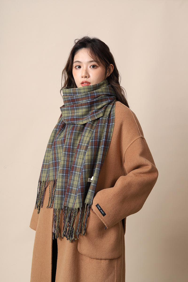 Neues grün kariertes Tuch im koreanischen Stil für Damen, vielseitig einsetzbar im Herbst und Winter, individuell und hochwertig, warmer Schal_voghion.com