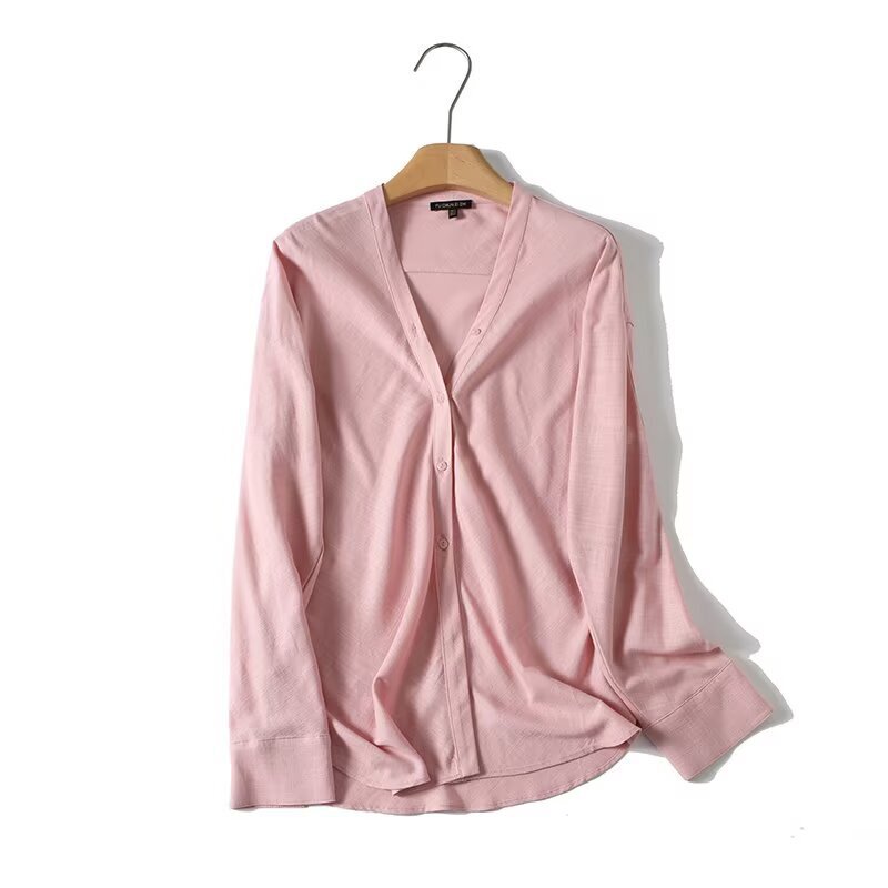 M Brand Cross-Border Women's Clothing Wholesale Linen Blend Lightweight V-Neck Long-Sleeve Shirt 2026 New Simple Commuter Top