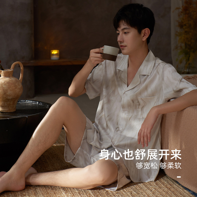 Men's Pajamas Summer Thin Ice Silk Short-sleeved Shorts High-end Artificial Silk Home Wear Men's Suit